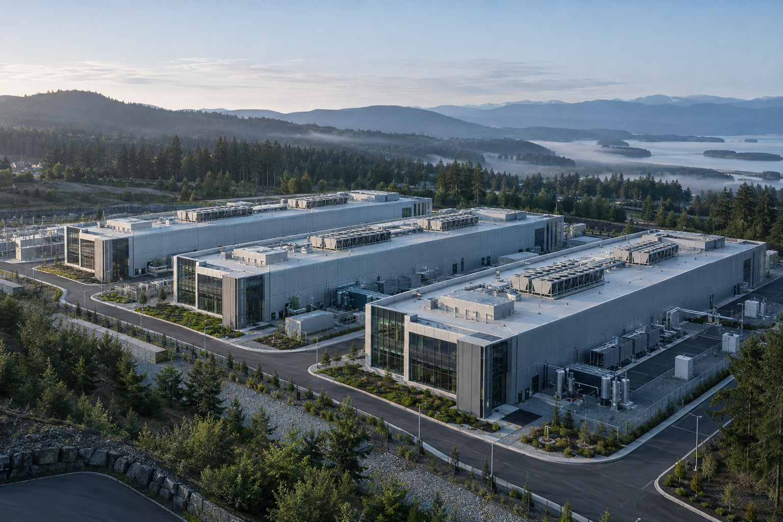 Illustrative data center campus with connected infrastructure and rooftop cooling