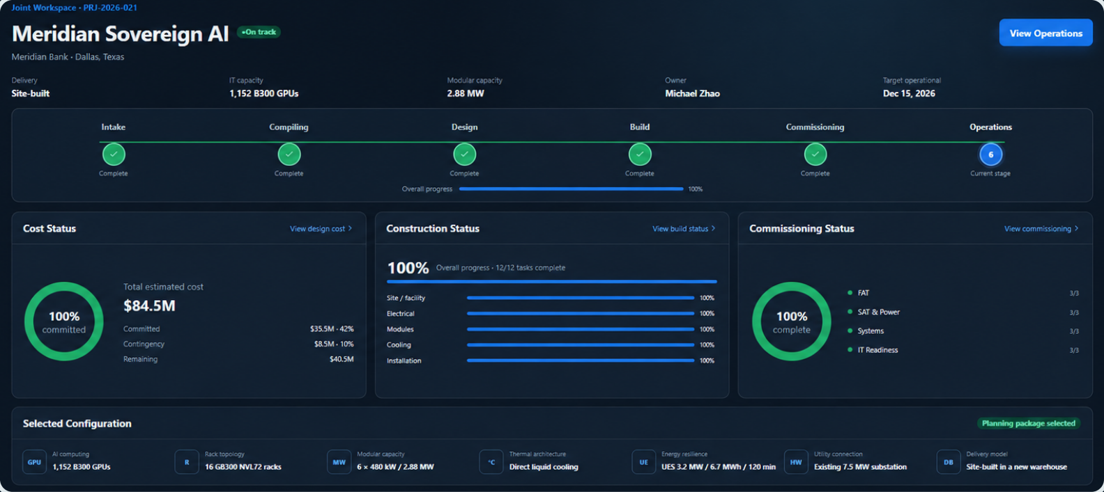 DBO project workspace showing the selected configuration, cost summary, and delivery and commissioning status