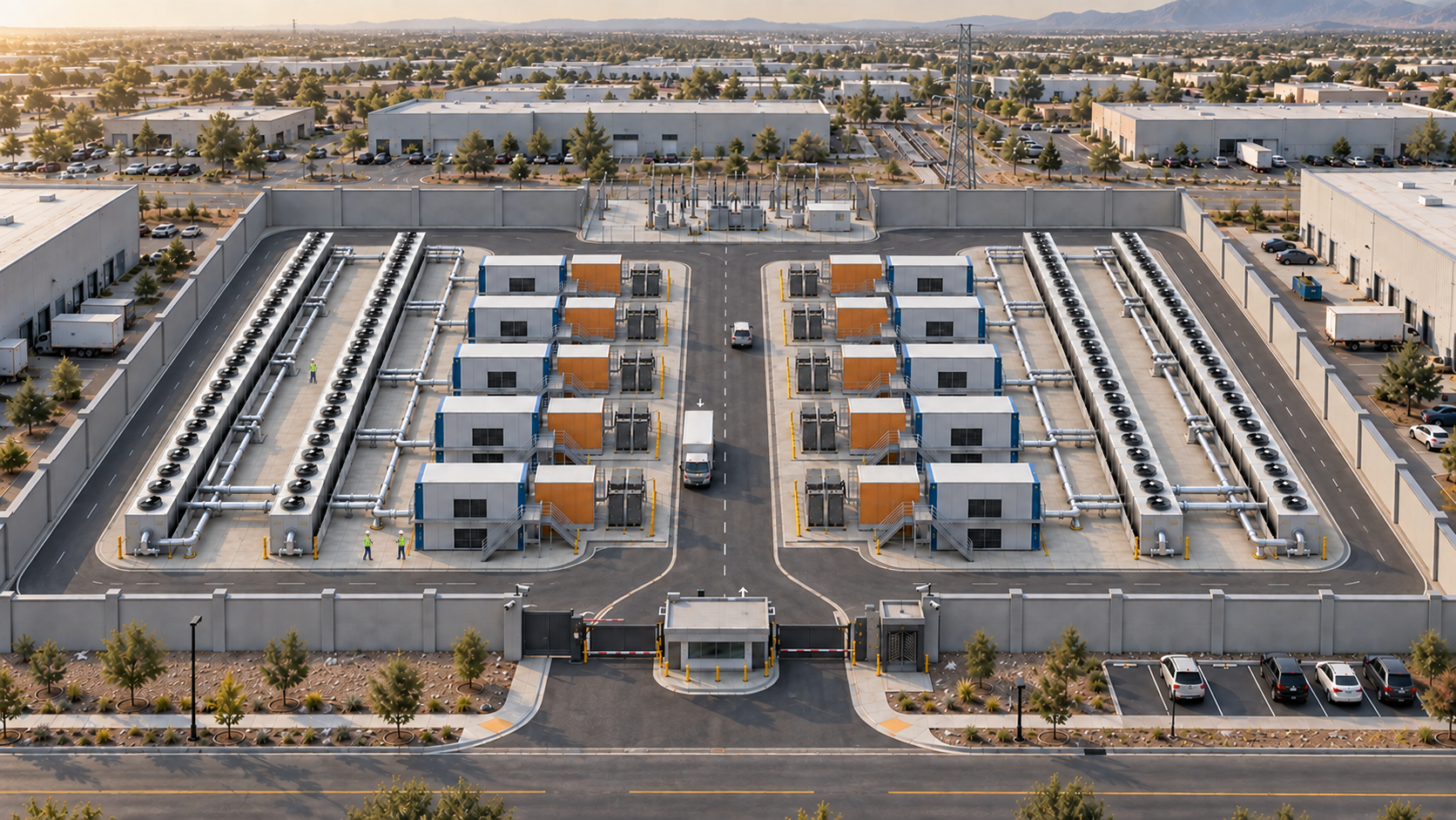 Aerial view of a modular data center campus with cooling infrastructure